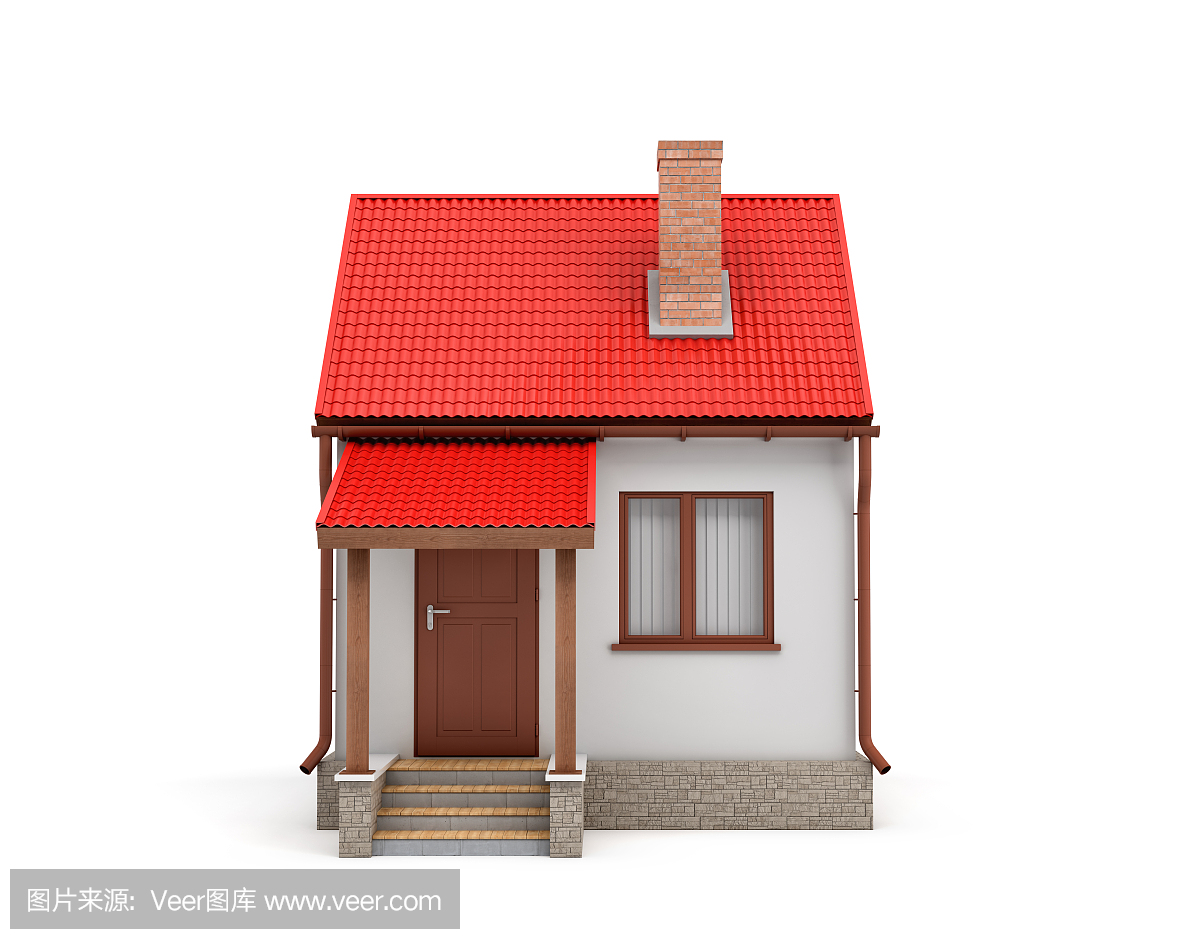 一个白色背景上有一个红色屋顶和一个烟囱的小型住宅的3d渲染。